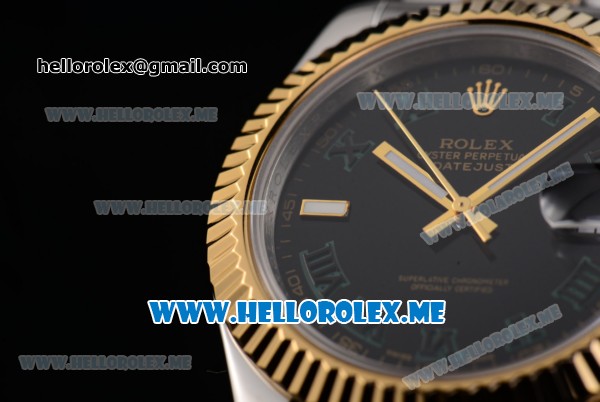 Rolex Day-Date II Asia Automatic Two Tone Case/Bracelet with Roman Numeral Markers and Black Dial - Click Image to Close